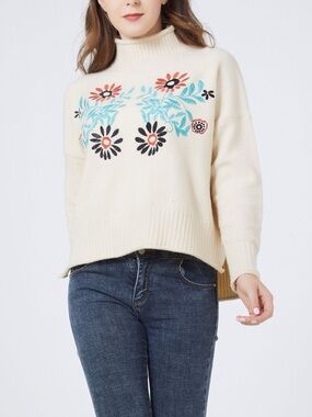 Cream Floral Embroidered Mock Neck Sweater